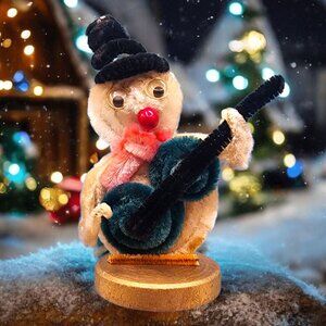 Vintage 1950s Chenille Snowman Ornament Red Nose Hat Scarf Banjo Putz Japan